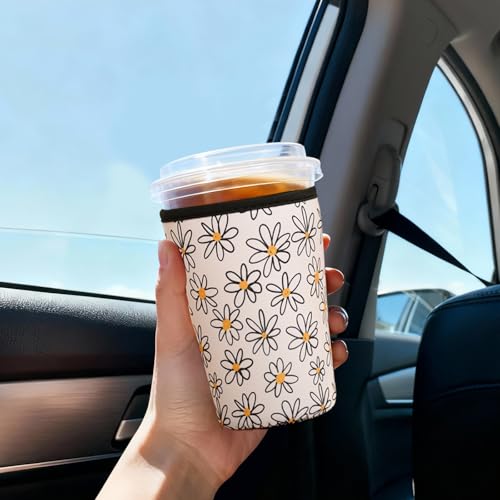 Image of Reusable Insulated Sleeve for Iced Coffee Cup, 3-Pack Coffee Neoprene Drink Sleeve for Cold & Hot Drinks, Beverage Holder for Iced Coffee (Line Daisies)
