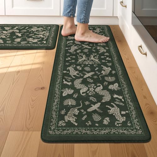 LEEVAN Anti Fatigue Mats for Kitchen Floor Non-Slip, Cushioned Kitchen Mats for Floor 2 Piece, Dark Green Memory Foam Kitchen Mat Set, Waterproof Ergonomic Standing Mat for Bar, Office,Desk, Laundry