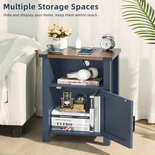 Farmhouse Nightstand with USB Port and Storage Shelf, Rustic End Table for Bedroom - Navy Blue