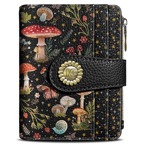 Mushroom Moon Night Small Rfid Women Wallet Bifold Zipper Coin Pocket PU Leather Compact Cash Credit Card Holder Travel Wallet for Female Ladies Teen Girls 1 ID Window 10 Card Slots