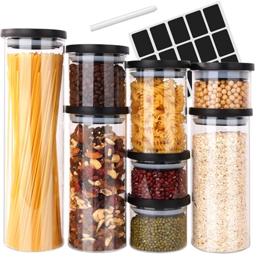 Aevcvok Set da 8 Pezzi Barattoli Vetro con Coperchio, Barattoli Vetro Ermetici con Coperchio, Barattolo con Coperchio per Pasta, Spezie, Caffè, Noci, Farina - [1250ml-200ml]