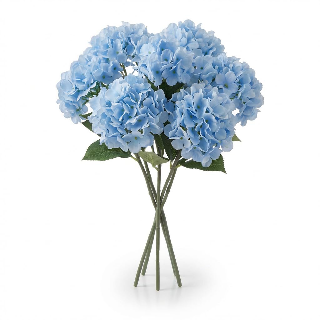 6 Artificial Hydrangea Silk Flowers, Lifelike Texture, Bendable Stem, Fade Resistant, Maintenance Free, Multiple Colors, for Wedding Party Home Office Decor, Floral Arrangement Centerpiece (Blue)