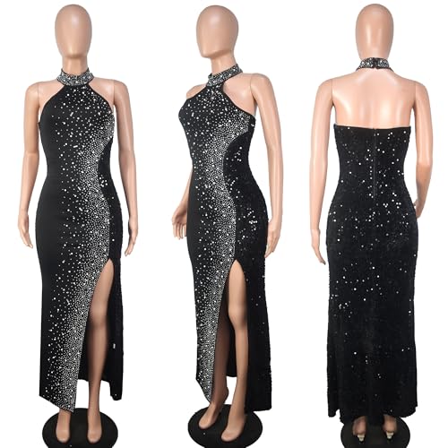 Image of Jigfar Women Sexy Elegant Rhinestone Mesh See Through Party Club Night Split Bodycon Formal Maxi Dress