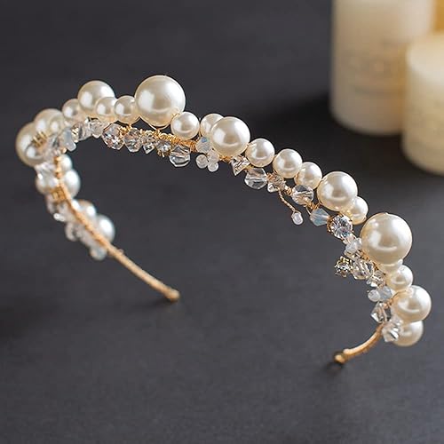 Miniatura 3 de JWICOS Diadema dorada para novia, tiara de perlas para mujer, accesorios para el cabello de boda con diamantes de imitación para novias y damas de