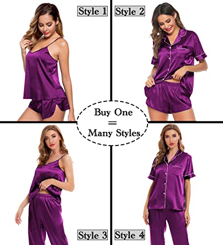 Image of SWOMOG Womens Silk Satin Pajamas Sets 4pcs Sleepwear Sexy Cami Shorts Set and Button Down Short Sleeve Pjs Loungewear Purple X-Large
