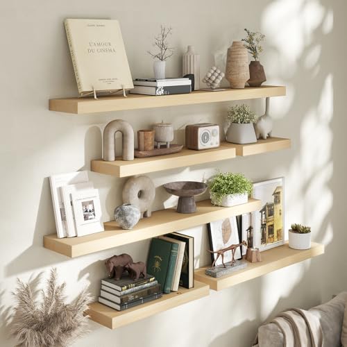 Image of Marsmiles Floating Shelves for Wall - 55 Inch Unfinished Natural Wood Floating Shelves Set of 1-55 Inch Wide x 7.7 Inch Deep x 1.6 Inch Thick Natural Wooden Shelves for Room Wall