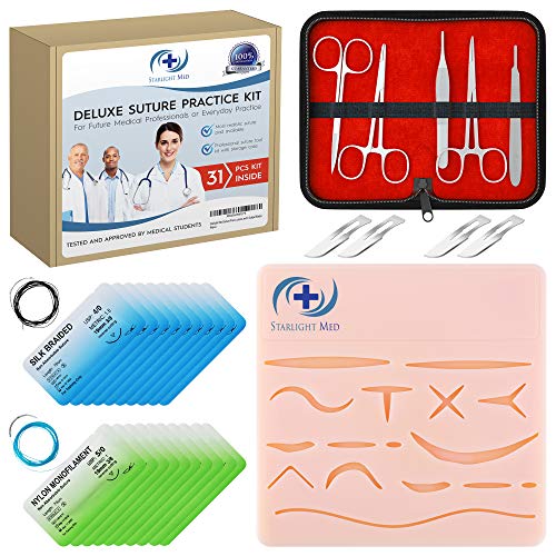 Starlight Med Suture Practice Kit - Complete 31 Piece Medical Suture Kit - Large Silicone Training Pad with 16 Pre-Cut Wounds, 5 Piece Professional Tool Kit, 20 Premium Sutures and 4 Scalpel Blades