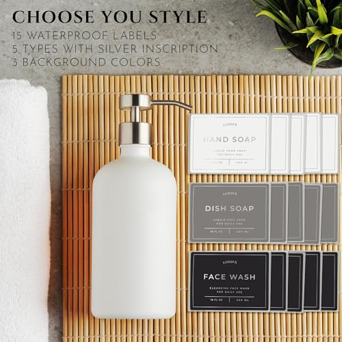 Glass Soap Dispenser Set of 2 (White) with Silicone Tray | Hand and Dish Soap Dispenser for Kitchen and Bathroom | 16.8 Oz Glass Bottles with Stainless Steel Pump & 15 Waterproof Labels (White/Silver) - image 5