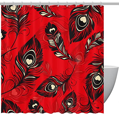 Rideaux de douche plumes rouges boho pour baignoire sans odeur