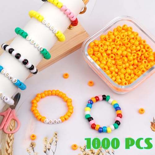 Image of 1000Pcs Pony Beads Bracelet 9mm Orange Plastic Barrel Pony Beads for Necklace,Hair Beads for Braids,Key Chain,Jewelry Making (Orange)