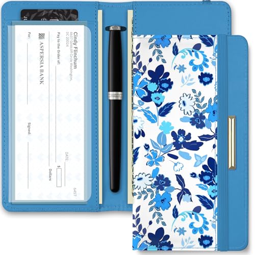 Image of Letter Checkbook Cover, RFID Blocking Checkbook, Stylish, Lightweight, Slim Durable, Multi-Functional Checkbook Holder for Personal and Business Checks (Flower-Blue)
