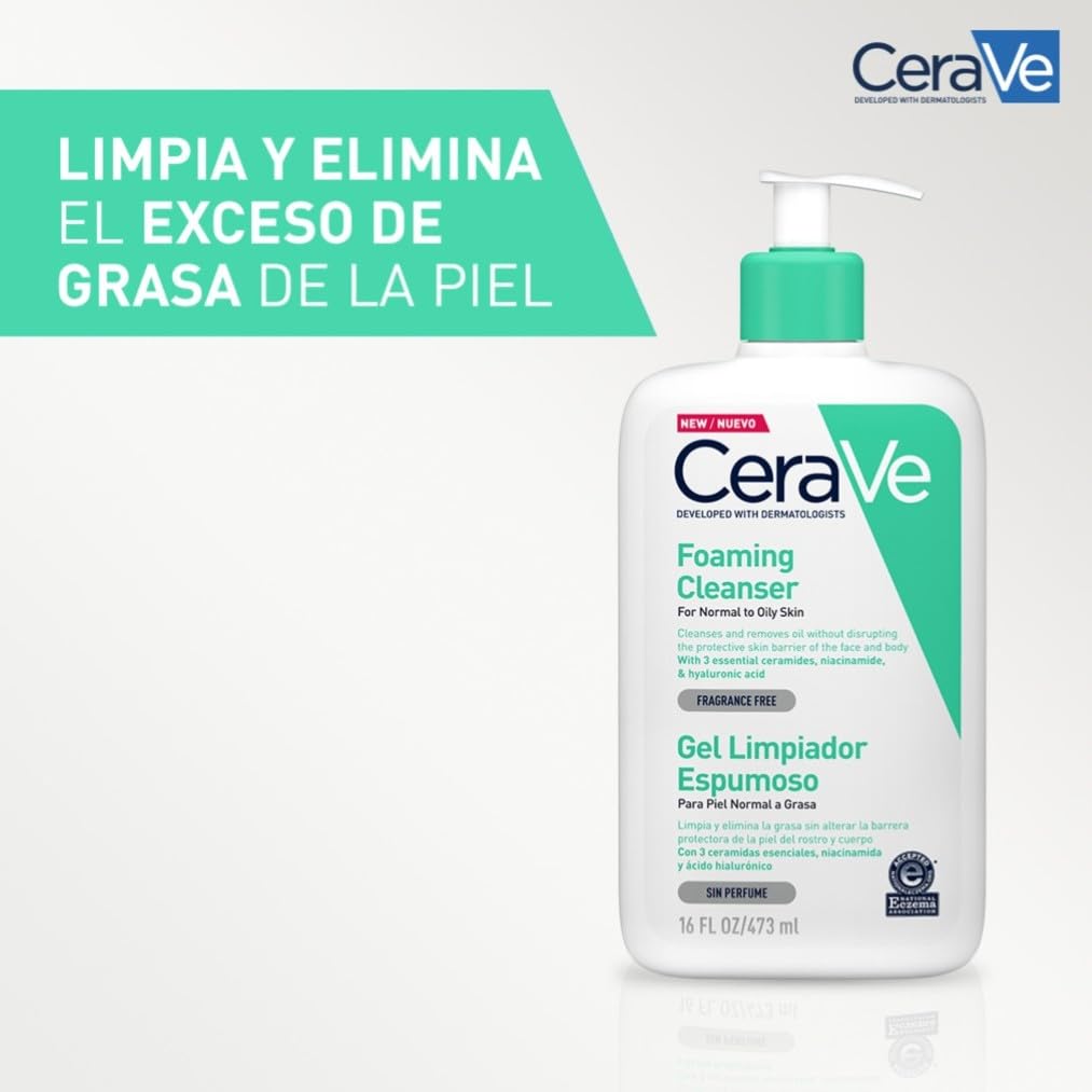CeraVe Gel Limpiador Espumoso, Para Piel Normal a Grasa, Elimina el Exceso de Grasa y Suciedad, Enriquecido Con Ceramidas Esenciales, Niacinamida y Ácido Hialurónico, Apto para Rostro y Cuerpo, 473ml