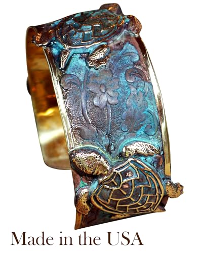 Verdigris Patina Solid Brass Classic Sea Turtle Cuff Bracelet by Elaine Coyne Made In USA2