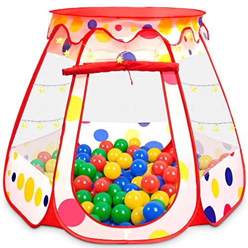 Image of PopUp Princess Tent, Toddler Girl Toys Baby Ball Pit with LED Star Lights, Foldable Kid Play Tent with Carrying Bag, Indoor Outdoor 1 2 3 Year Old Girls Toy Gift for Birthday/Christmas, Red