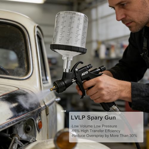 BENTOHKLE R500 LVLP Luftspritzpistole mit 10 Stück 650 ml Einweg-Lackbechern, 1,3/1,5/1,7 mm Düsen und Luftmessgerät, A610 Automobil-Lackierpistole für Autos und Haus, DIY-Malerei