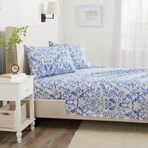 Image of Great Bay Home Queen Size Floral Microfiber Sheet Set - 4-Piece Ultra-Soft, Brushed Bedding Sheets & Pillowcases - Wrinkle Free, Comfortable, All-Season Bed Sheets (Watercolor Flowers - Blue)