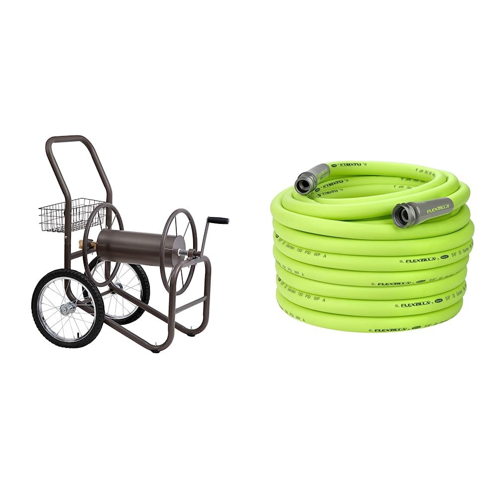 Liberty Garden 880-2 Industrial 2-Wheel Pneumatic Tires Garden Hose Reel Cart, Holds 300-Feetof 5/8-Inch Hose - Gray and Flexzilla Garden Hose 5/8 in. x 100 ft., Heavy Duty, Lightweight, Drinking Water Safe, ZillaGreen - HFZG5100YW-E