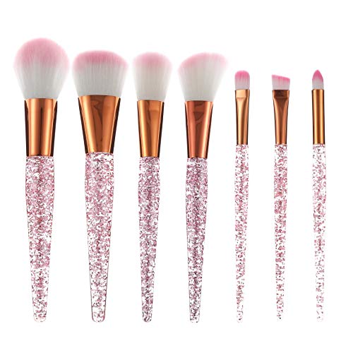 Glitter professional Make up Brush set-7Pcs Makeup brushes kit with transparent crystal handle for foundation powder blush blending eyeshadow with golden comestic bag. (Pink)