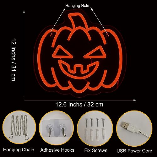 Image of Halloween Neon Sign - Pumpkin Neon Sign for Wall Decor with Dimmable Switch, Orange Pumpkin LED Light Up Sign Gift for Autumn Thanksgiving Halloween Decoration