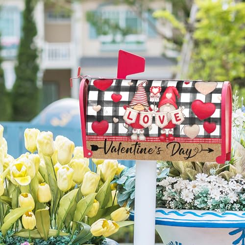 Image of Happy Valentine's Day Mailbox Cover Magnetic Standard Size 18 inch X 21 inch Love Heart Black White Plaid Decorative Mailbox Covers Ventine's Gnomes Decor Mailbox Post Letter Box Cover for Outdoor Decor