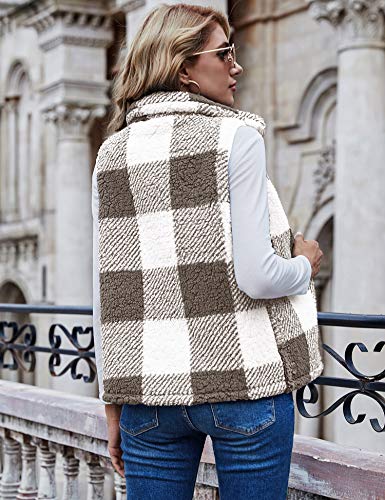 Lomon Women's Casual Sleeveless Zip Up Fuzzy Fleece Lightweight Warm Zipper Vest With Pockets Khaki Plaid L… #TOP2