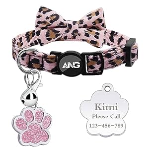 Personalised Breakaway Cat Collars – ID Tag, Bell, Bowtie – Safety Quick-Release, Customised for Female & Male Cats-Leopard Pattern-Pink
