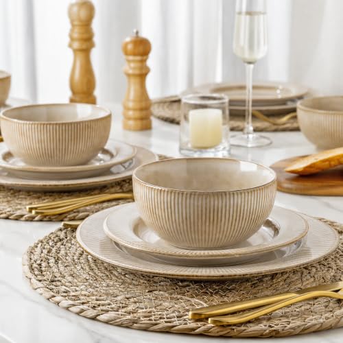Image of GBHOME Ceramic Dinnerware Sets,12 pcs Embossed Elegant Stoneware Plates and Bowls Sets, Housewarming Wedding Gift | Dishwasher & Microwave Safe | Dishes Set Service for 4