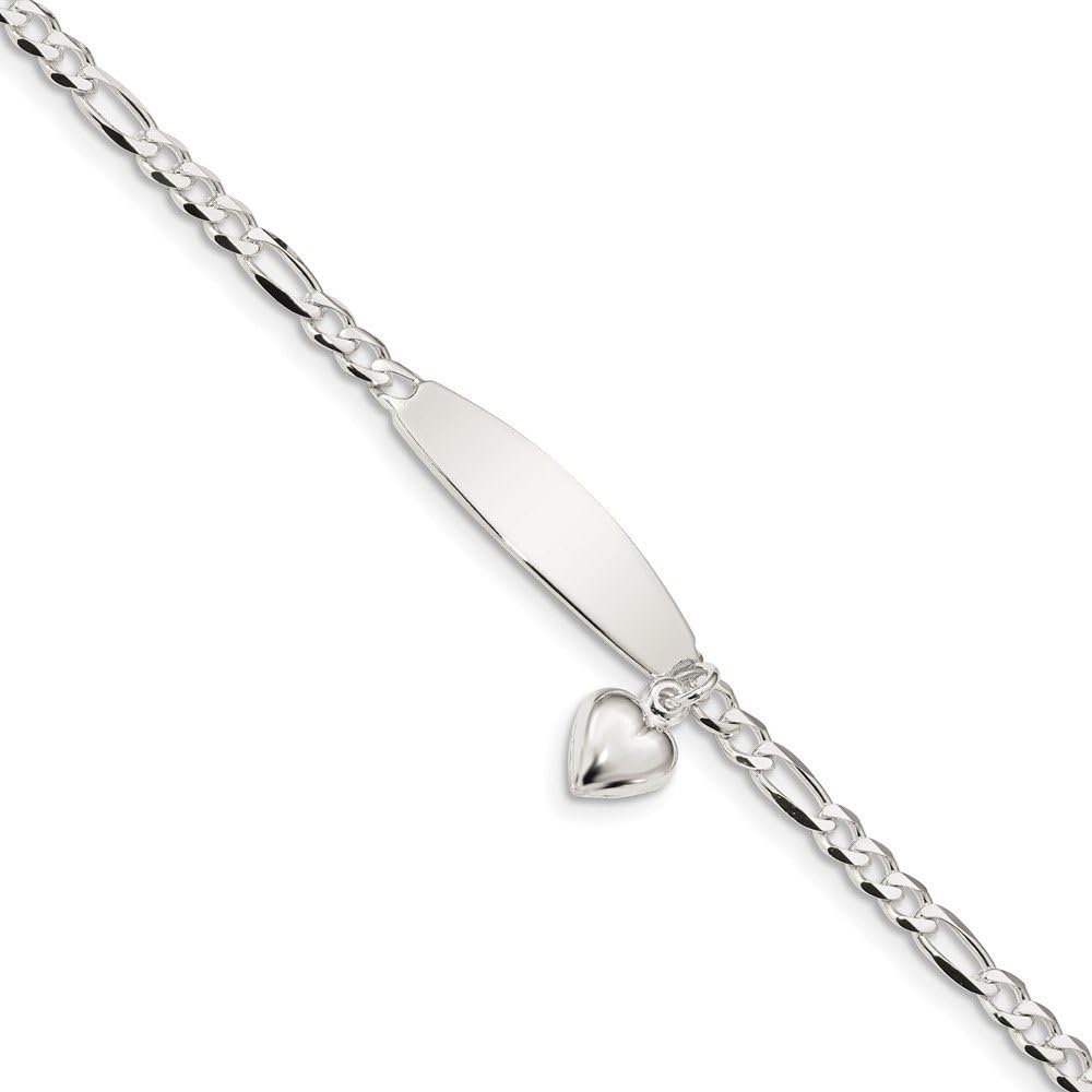 Solid 925 Sterling Silver Engravable Identification Name Bar Tag Figaro ID Heart Dangle Bracelet - with Secure Lobster Lock Clasp 7.5" (Width = 3mm)