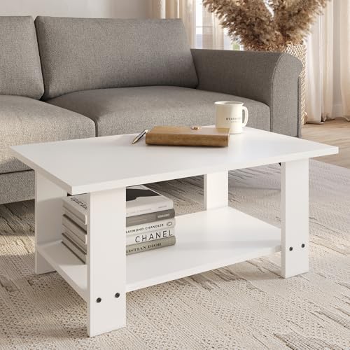 Image of FURLAY LatteEdge Engineered Wood Coffee Table with Bottom Shelf - 90 x 55 x 40 cm (001, White)