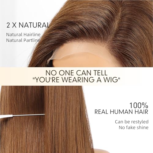 Image of KKU 100% Human Hair Wigs for Women,Real Human Hair Wigs,Side Swept Bangs Lace Front Wig(16 Inch,Ombre Brown)