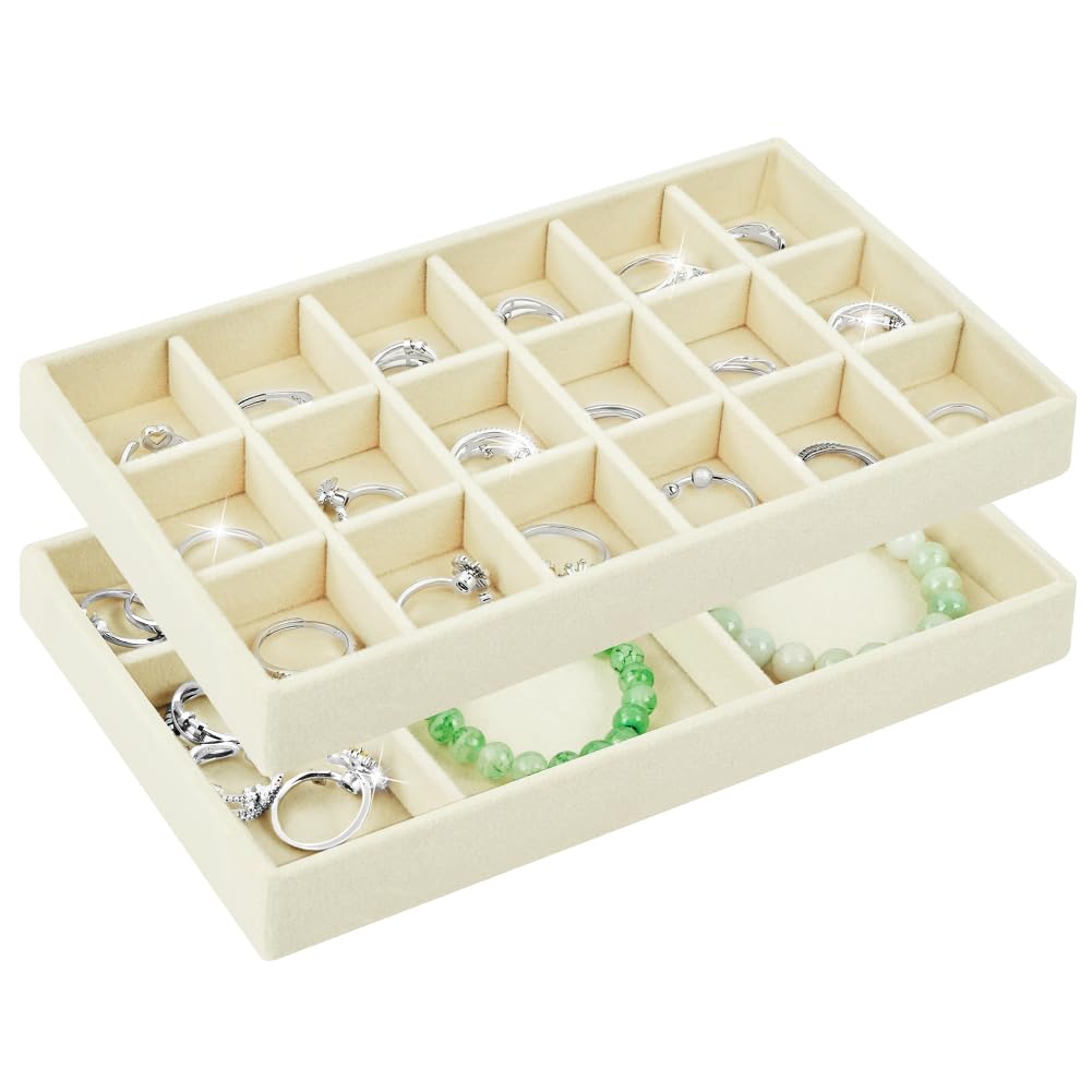Aparador Organizador de Terciopelo, 2 Piezas Bandeja Organizador de Joyas, Apilables Bandeja Joyas, Caja de Almacenamiento para Cajónes, Guardar y Exhibir Aretes, Collares Joyería (Beige-C)