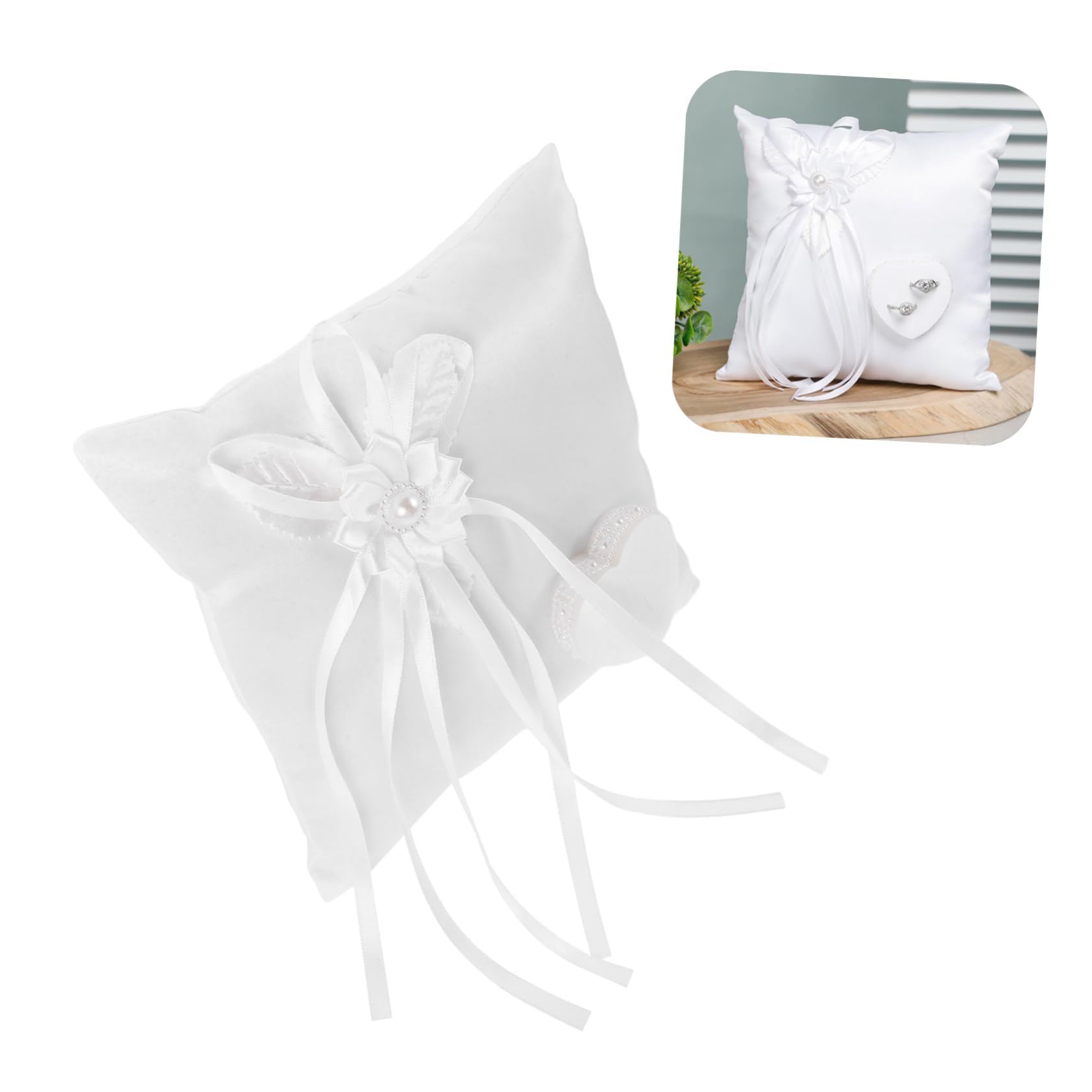 PartyKindom Ringkissen Hochzeit Weiß, Quadratisch 20x20x7cm aus Gewebe | Blumendesign mit Herz, Wiederverwendbar und Leicht zu Tragen, für Brautpaar bei Hochzeit