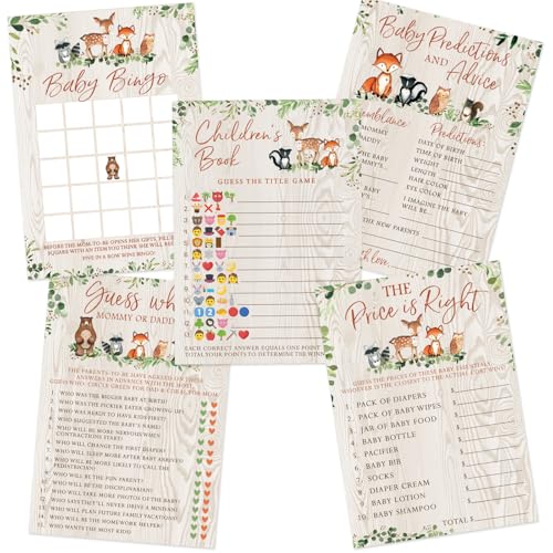 Printed Party Woodland Baby Shower Game Set – 5 Fun Games & Activities for Boy or Girl, Woodland Forest Animals Theme, 50 Guests