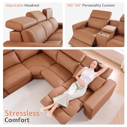 Image of AMERLIFE Power Recliner Sectional Sofa with Storage /USB Port, Leather Recliner Sofa with Adjustable Headrest, Reclining Sectional Couches with Console and Cup Holder for Living Room (Brown, 5-Seater)