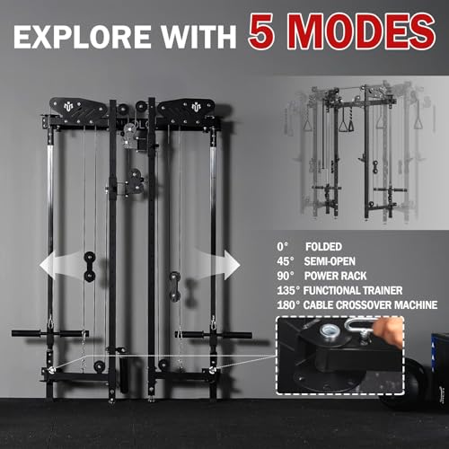 Image of Mikolo Folding Squat Rack, Wall Mounted Power Rack with Cable Crossover Machine & LAT Pull Down, Functional Trainer with 5 Adjustable Function Modes, Basic Home Gym Package with Weights(Black)