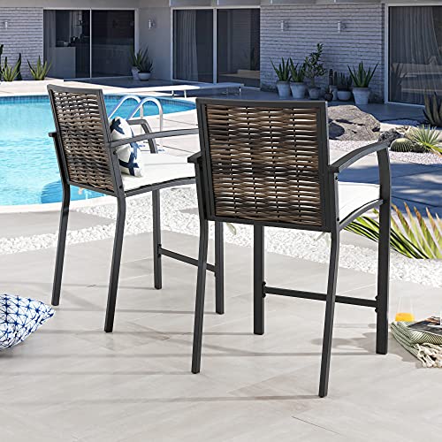 Image of LOKATSE HOME Bar Stools Counter Height Chair Set of 2 Wicker Decoracted Patio Furniture with Armrest for Garden Pool Lawn Backyard, Beige