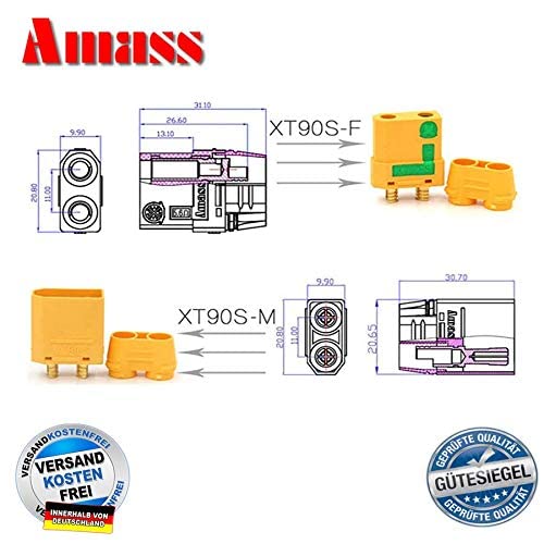 VUNIVERSUM Mr. stecker Modelbau® Amass XT90S XT90, originele 90A RC van Mr. Stecker Modelbau®, 5 paar, 10 stuks, antibliksem, hoge stroom, premium gouden stekker, omgekeerde polariteit, stekker, bus