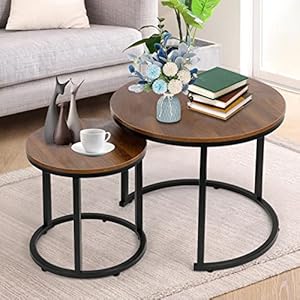 VILAWLENCE Coffee Table Nesting Set of 2 Round End Table Accent Side Stacking Tables with Sturdy Metal Frame, Modern Living Room Table Sets Industrial Nightstand