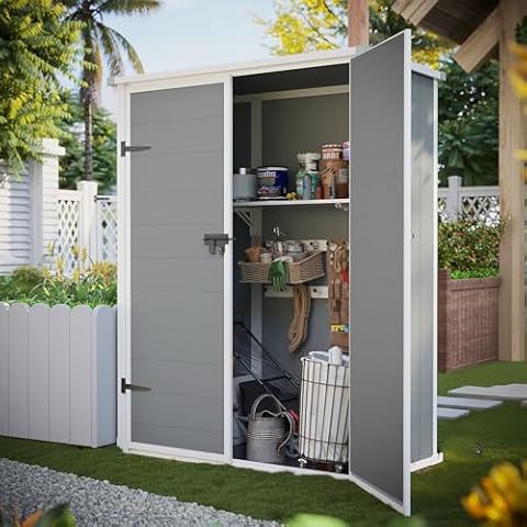 UDPATIO Premier Tall 4.3 x 5.6 ft Resin Outdoor Storage Shed, Vertical Tool Storage Shed with Shelving Brackets for Patio Pool Lawn Garden, Grey White Cover