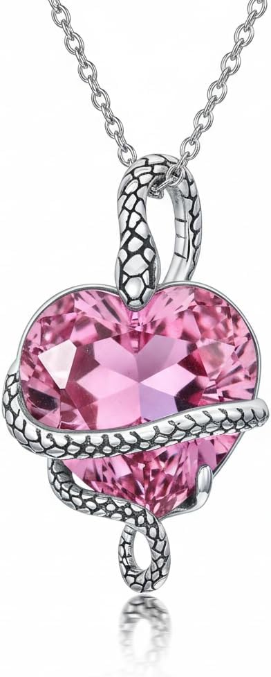 Snake Necklace 925 Sterling Silver Vintage Snake with Heart Cut Birthstone Pendant Necklace for Women