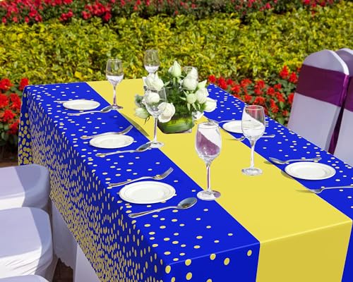 Image of Oudain 6 Pcs Blue and Gold Tablecloth for Parties Plastic Dot Tablecloths Printed Table Runner Waterproof Disposable Rectangle Table Cover for Birthday Wedding Graduation Party, 54 inch x 108 inch
