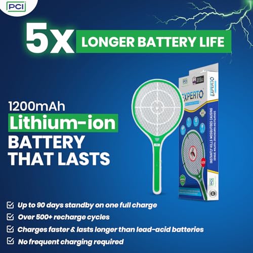 Image of PCI EXPERTO Anti Mosquito Bat | 1200 mAh Rechargeable Lithium-ion Battery | 90 Days Standby | LED Light | Made in India | Used by Professionals | Electric Insect Killer Racket