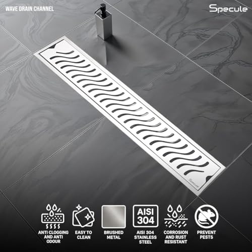 Image of Wave, 24x4 Inch Shower Drain Channel with Side Hole | 304 Stainless Steel Floor Drain Jali with Collar | Rust-Resistant Linear Shower Water Drain for Bathroom & Wet Areas