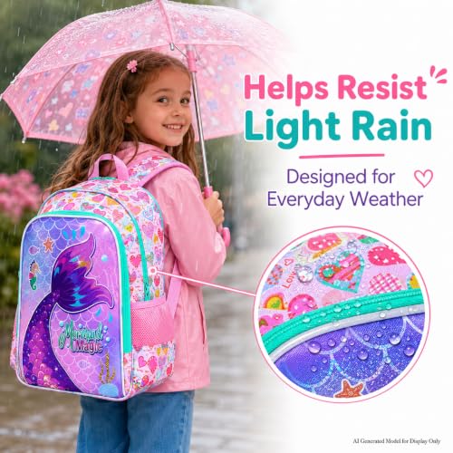 Image of 3Pcs Mermaid Backpack for Girls, 16 inch Kids Fish Tail Backpacks with Lunch Box, School Bookbag for Elementary Preschool Kindergarten(Pink)