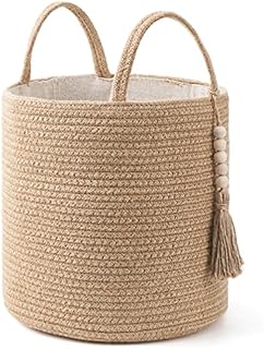 Mkono Woven Storage Basket Decorative Natural Rope Basket Wooden Bead Decoration for Blankets,Toys,Clothes,Shoes,Plant Organizer Bin with Handles Living Room Home Decor