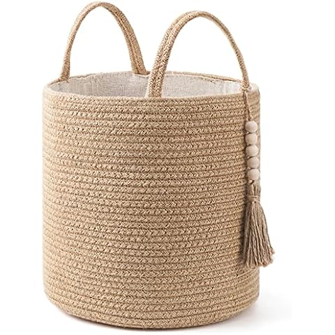 Mkono Woven Storage Basket Decorative Natural Rope Basket Wooden Bead Decoration for Blankets,Toys,Clothes,Shoes,Plant Organizer Bin with Handles Living Room Home Decor Cover