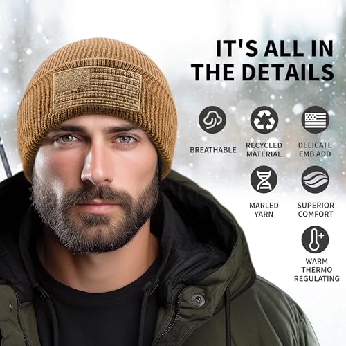 Image of OUTDOOR SHAPING American Flag Embroidered Knit Cuffed Beanie for Men Women Tactical Winter Warm Hat