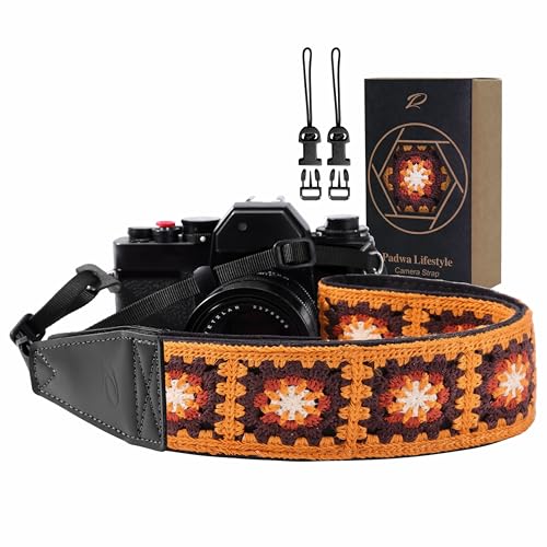 Image of Padwa Lifestyle Yellow Crochet Camera Strap - 2 inch Full Grain Leather Ends Camera Straps for Photographers, Vintage Embroidered Cotton Soft Suede Fabric Padded Strap with Quick Release fits All Cameras