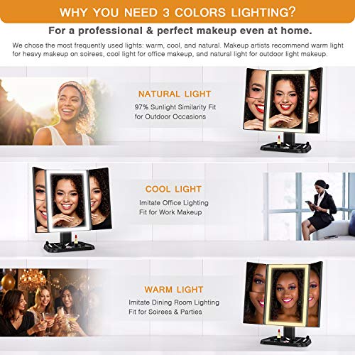 Makeup Mirror Vanity Mirror with Lights - 3 Color Lighting Modes 72 LED Trifold Mirror, Touch Control Design, 1x/2x/3x Magnification, Portable High Definition Cosmetic Lighted Up Mirror (Black) - Thumbnail 4