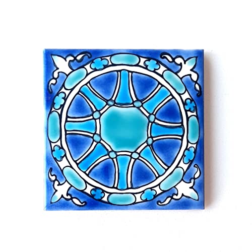 DŸARI Decorative Ceramic Tiles – Hand Painted Indoor&Floor Tiles – Spanish Artisan Tile Top Kitchen – Mediterranean Decorative Tiles 4''×4'' – Durable Colorful Floor Tiles – 140 g(Eau V 3), EV216